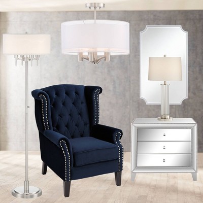 Elegant Brushed Nickel 21" Semi-Flush Ceiling Light with Sheer Silver Double Drum