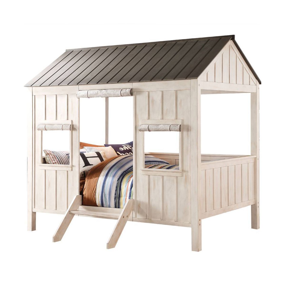 84" Full Bed Spring Cottage Bed Weathered White Washed Gray - Acme Furniture: Canvas Upholstery, Chrome Frame, Adjustable Size