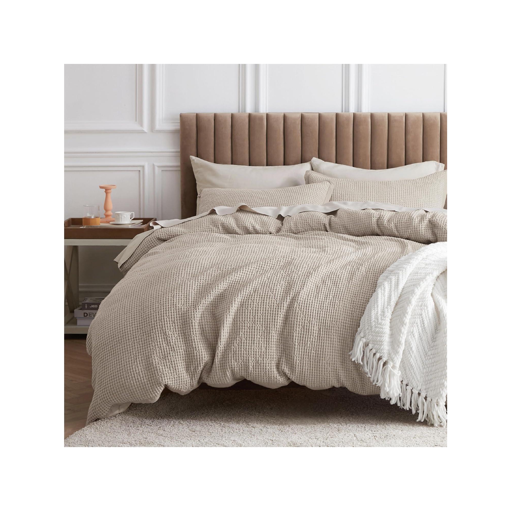 Bedsure Linen Queen Size 3 Piece Cotton Duvet Cover Set 100% Cotton Waffle Weave Breathable All Season OEKO TEX Certified Mother's Day Gift