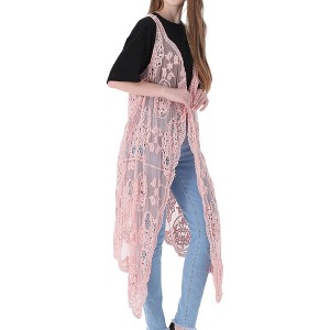 Anna-Kaci Women's Floral Lace Boho Crochet Long Line Cardi Vest for Casual Looks - 1 of 4