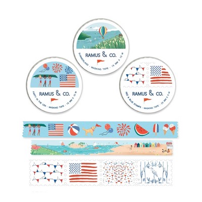 Illustrated Masking Tape by Ramus & Co - 3ct Rolls, Assorted Rolls (Party in The USA + Summerland + Red & Blue Stamp)