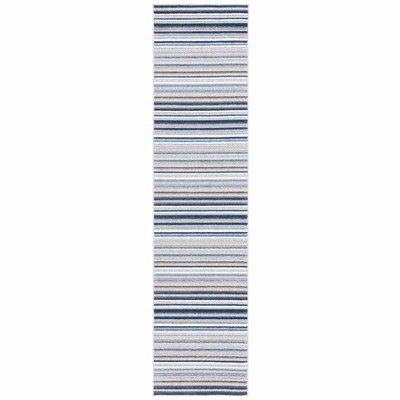 Grey and Blue Geometric Striped Indoor/Outdoor Runner Rug