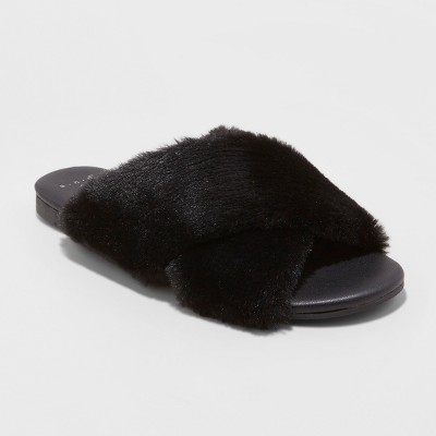 Women s Frannie Crossband Faux Fur Slide Sandals A New Day