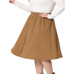 Agnes Orinda Women's Plus Size Elastic High Waist Button Front Pockets Midi Corduroy A Line Skirts - 1 of 4