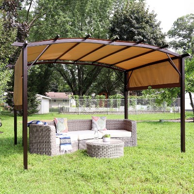 Tan Metal Arched Pergola with Retractable Canopy, 12 Ft.