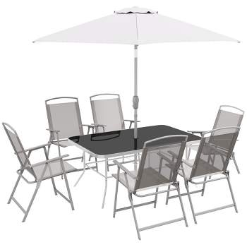 Outsunny 8 Piece Patio Dining Set with Table Umbrella, 6 Folding Chairs and Rectangle Dining Table, Outdoor Patio Furniture Set
