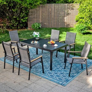 Captiva Designs 7pc Patio Slat-top Adjustable Rectangular Table & Gray Textilene Aluminum Chairs - 1 of 4