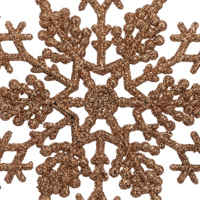 Rose Gold Glitter Shatterproof Plastic Snowflake Ornaments, Set of 12