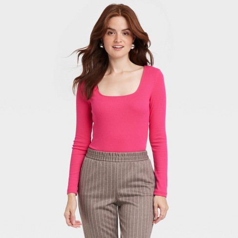 Women's Long Sleeve Slim Fit T-shirt - A New Day™ Pink Xl : Target