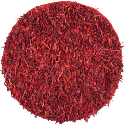 Red Round Hand-Knotted Leather Shag Area Rug