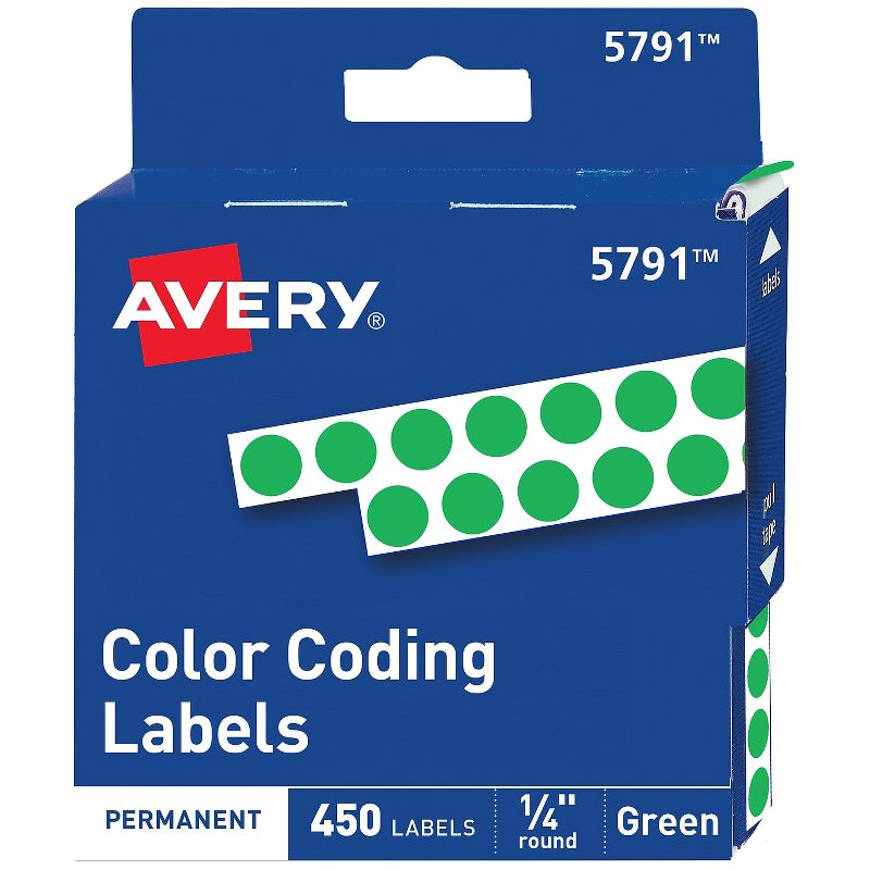 Avery Permanent Self-Adhesive Round Color-Coding Labels 1/4" dia Green 450/Pack 05791, 1 of 7