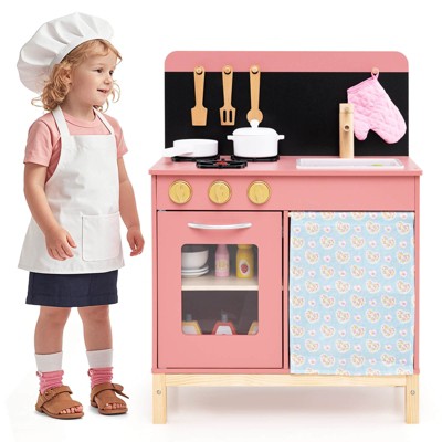 Safstar Play Kitchen for Kids with Door Curtain, Stoves Sink & Oven Cookware Accessories