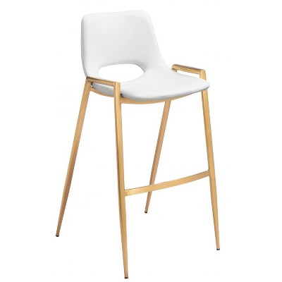 Faux Leather Barstool 39" H White With Gold Electroplated Steel Frame and Armrests by Zuo Modern (Set of 2)