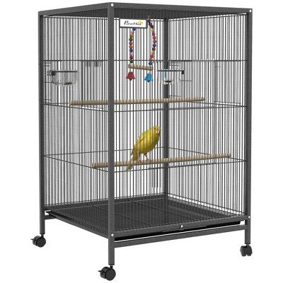PawHut Metal Bird Cage with Stand for Parrots, Lovebirds, Finches, Large Bird Cage with Swing, Stained Steel Bowls, Removable Tray, Gray