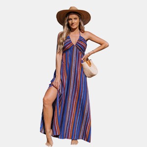 Women's Vibrant Striped Halter Maxi Beach Dress - Cupshe - 1 of 4