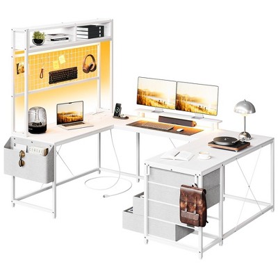 U Shaped Desk with Monitor Stand and LED Lights, U Shaped Gaming Desk with Storage Shelves