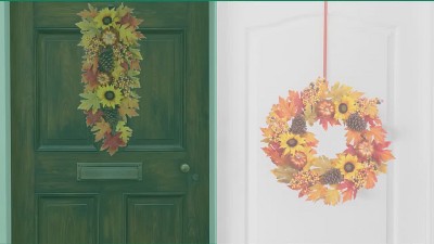 24 Inch Fall Sunflower Wreath with Pumpkins and Pinecones