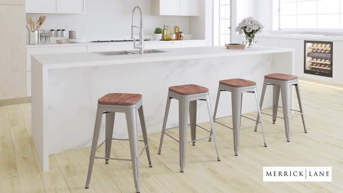 Merrick Lane 24 Inch Tall Stackable Metal Bar Counter Stool With Textured Elm Wood Seat In Set Of 4, 2 of 16, play video