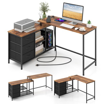 Tangkula L-Shaped Computer Desk with Drawers & Shelves 81” Convertible Home Office Desk with Charging Station Rustic Brown/Black/White