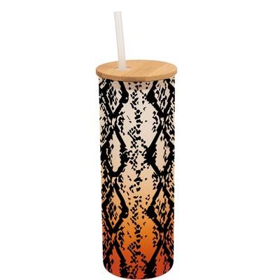 Elanze Designs Snakeskin Animal Print Wrap-Around Design 25 Ounce Frosted Gradient Glass On-The-Go Coffee Travel Skinny Tumbler Mug Cup, Bamboo Lid