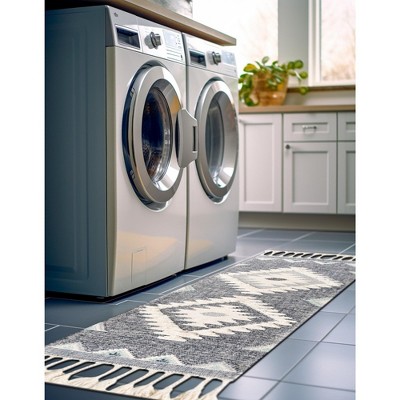 Mesa Dark Blue Geometric Wool Runner Rug with Fringe