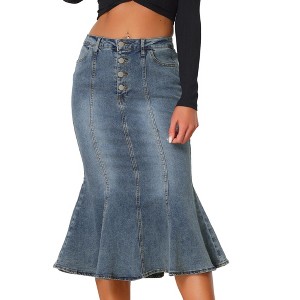 Allegra K Women's Fishtail Button Front Side Pockets Midi Denim Distressed Skirt - 1 of 4