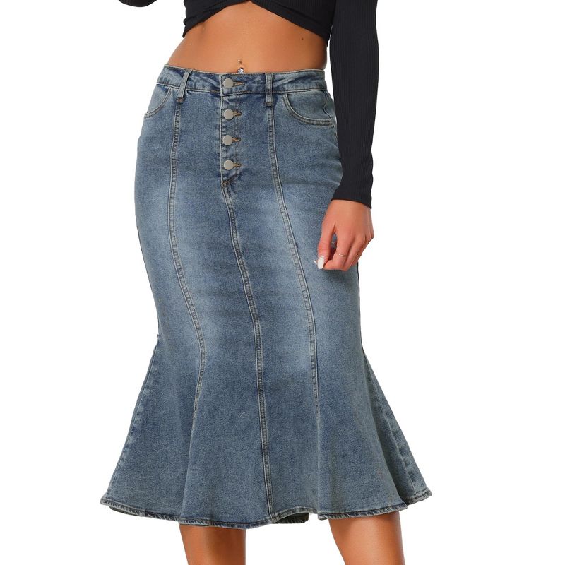 Allegra K Women's Fishtail Button Front Side Pockets Midi Denim Distressed Skirt, 1 of 6