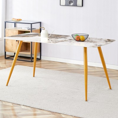 NicBex 62.2" Modern Rectangle Dining Table,Kitchen Table with Marble Pattern Table Top for 4 Seaters,White Gold