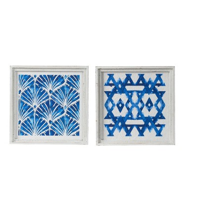 A&B Home 16" x 16" (Set of 2) Decorative Wall Arts White/Indigo : Modern Botanical Digital Art, Sawtooth Back Mount