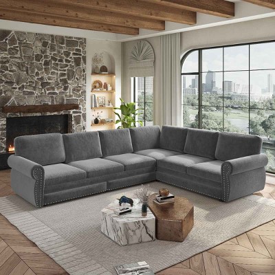 L-Shaped Sofa with Pull-Out Bed, Convertible Sleeper Couch with Nailhead Trim and Rolled Arms, Chenille Sofa with Iron Frame-Coolbibila