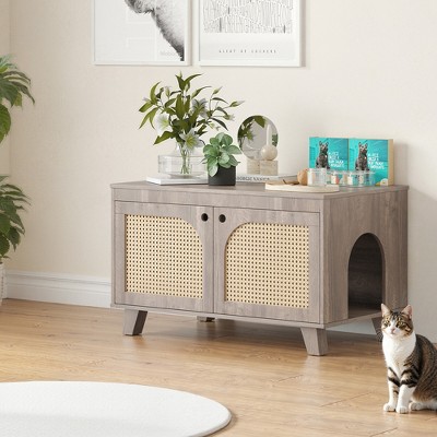 MAYEERTY 31*20"Flip-Top Hidden Cat Box Cabinet with Rattan Doors and Dual Entrances, Gray