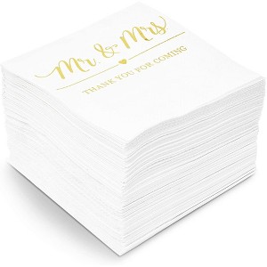 Sparkle and Bash 100x Mr Mrs Gold Foil Disposable Cocktail Napkins for Weddings Party, white 5 inch, 3 Ply - 1 of 4