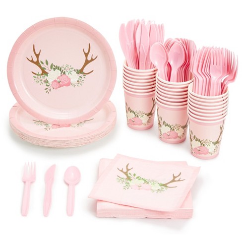 144 Piece Vintage Floral Tea Party Supplies, Pink Flower Dinnerware Set with Plates, Napkins, Cups, and Cutlery (Serves 24)