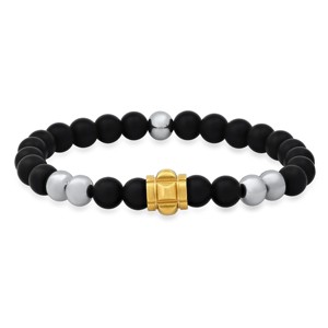 Steeltime Men's black lava, stainless steel and 18k gold plated studded beaded stretch bracelet - 1 of 4