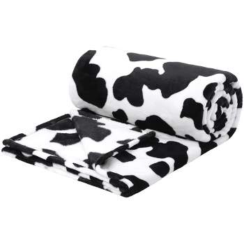 PiccoCasa 300GSM Cow Printed Fleece Flannel Throw Blanket Black and White 1 Pc