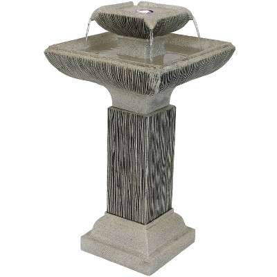 Sunnydaze 26"H Electric Resin 2-Tier Outdoor Square Bird Bath Water Fountain with LED Lights