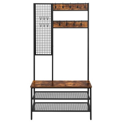 VASAGLE Hall Tree - Industrial Coat Rack with Grid Wall - Shoe Rack - 2 Mesh Shelves - 15 Hooks - Large Storage Space - Rustic Brown