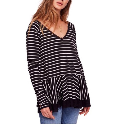 Free People Womens Striped Peplum Blouse, Black, Small