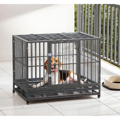 Heavy Duty Dog Crate, Strong Metal Cage Kennel with Double Door, Lockable Wheels & Removable Tray for Medium and Large Dogs - Nertpow