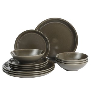 Gibson Elite 12 Piece (Service for 4) Lakecrest Plates and Bowls Reactive Glaze Round Dishes Stoneware Ceramic Dinnerware Set - Dark Green - 1 of 4
