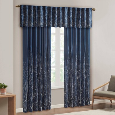 Navy Faux Silk Embroidered Sill Length Window Valance