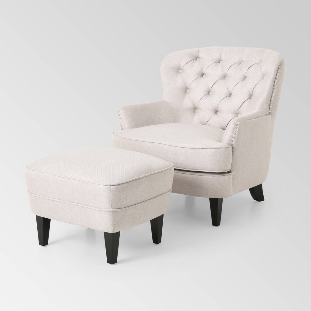 Correia Contemporary Chair and Ottoman Set Light Brown - Christopher Knight Home: Plush Upholstery, Nailhead Trim