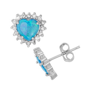 Opalata Sterling Silver Blue Inlay Opal Heart with CZ Border Stud Earrings - Blue - 1 of 2