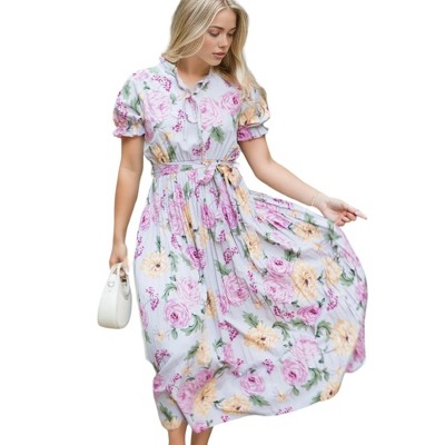 Anna-Kaci Women's Ruffle Tie Neck Short Puffed Short Sleeve Pleated Midi Dress for Daily Wear