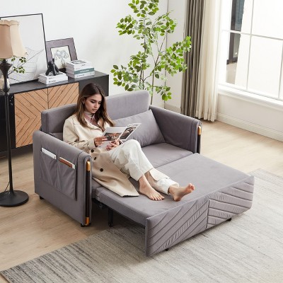 54” Modern Blue Velvet Convertible Sofa Bed - Multi-Position Adjustable with Pull-Out Bed and Bedhead, 2 Detachable Arm Pockets, 2 Pillows