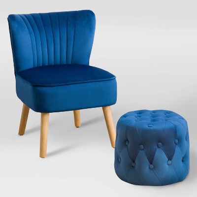 Lynwood Velvet Accent Chair and Pouf Blue - CorLiving