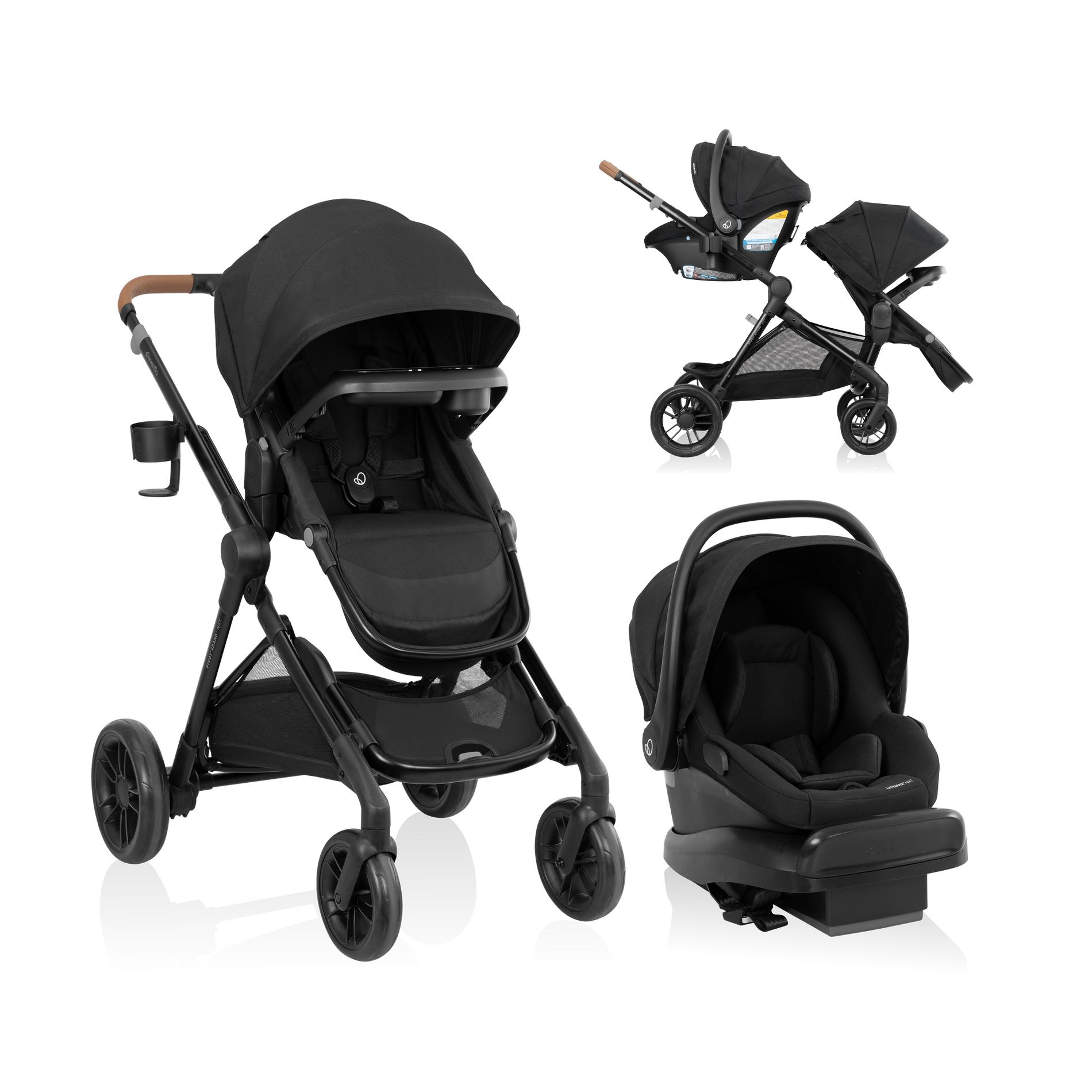Evenflo Pivot Xpand Travel System with LiteMax NXT Infant Car Double Seater - Coal Black: Bassinet Reclining Seat, Rear Facing, EVA Tires