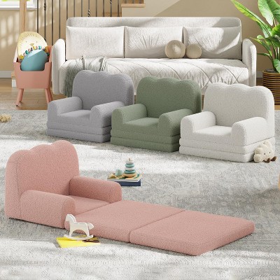Kids Couch, 2-in-1 Convertible Teddy Fleece Fabric Toddler Sofa Chair, Soft Fold Out Couch Lounge for Kids for Birthday Gift