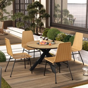 Coolbibila 5 Piece Outdoor Patio Wood Round Slat X-Shaped Based Dining Table for 4 with Dining Chairs,Armless PE Rattan Woven Dining Chair - 1 of 4