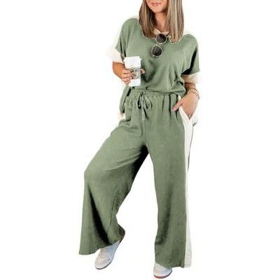 EXLURA Womens Summer 2 Piece Outfits Color Block Short Sleeve Tops Tracksuit Wide Leg Pants Matching Set Lounge Sets 2025
